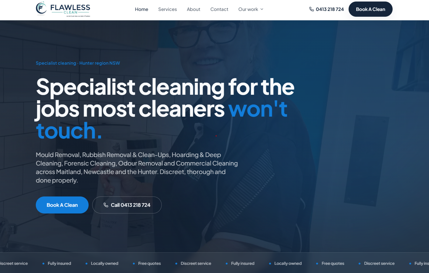 Website design for Flawless Clean, a specialist cleaning business in the Hunter region
